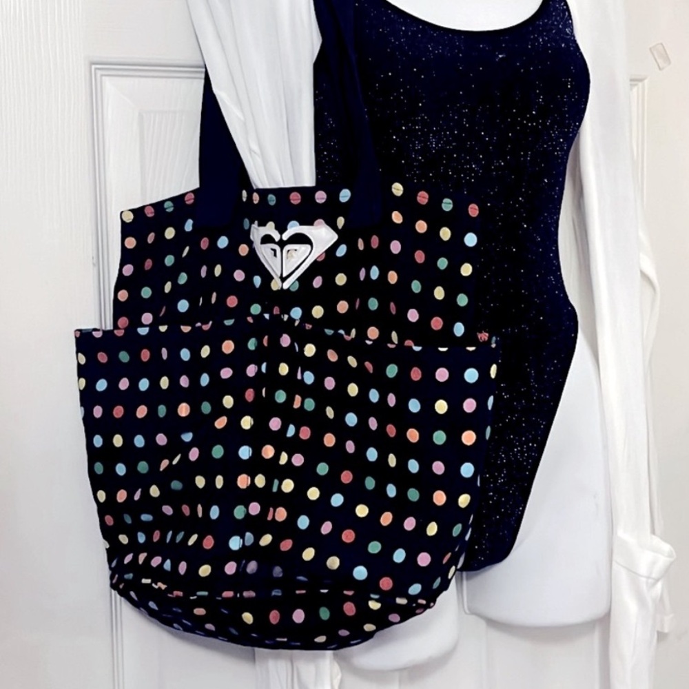 Roxy Black Multi Color Polka Dot Canvas Grocery Tote Book Laptop Beach Pool Bag